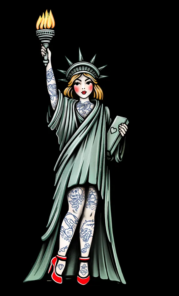 Lady Liberty traditional tattoo flash on black